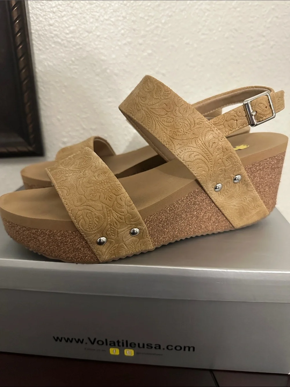 Volatile Tan Embossed Cork Platform Sandals